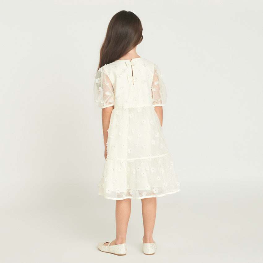 Robe à manches courtes en toile avec fleurs 3D pour fille 
