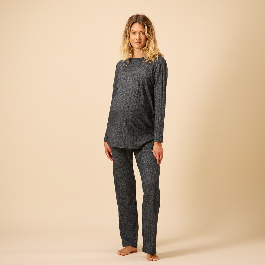 Set pyjama 2 pièces uni effet côtelé pour femme 