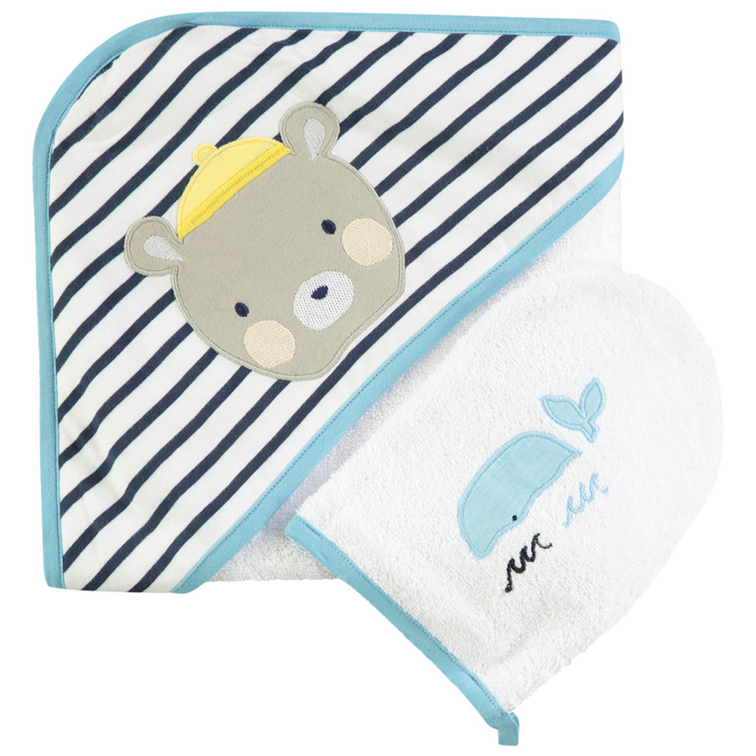 set de bain cape + gant de toilette baleine en éponge pour bébé garçon - blanc
