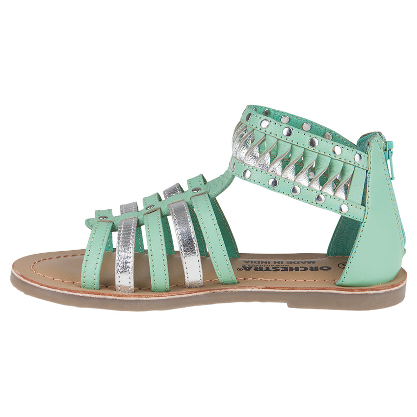 Nu-pieds en cuir style spartiates menthe et argent du 28 au 35 