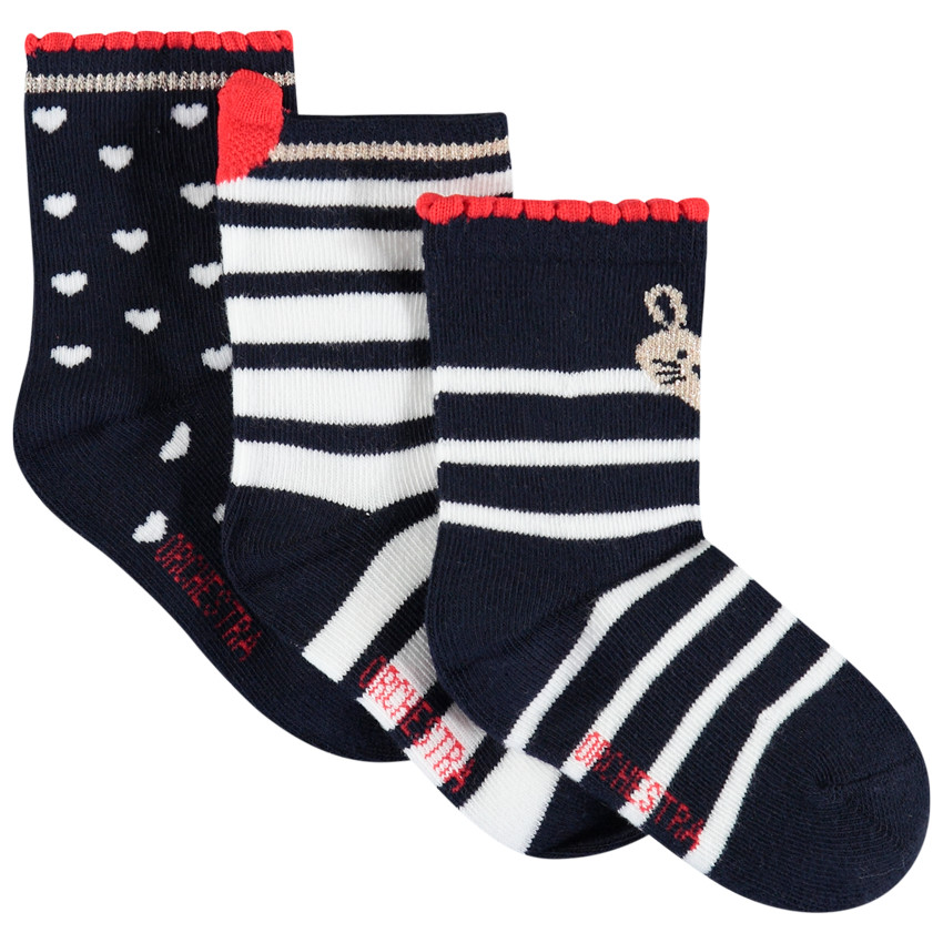 Lot de 3 paires de chaussettes style marin à rayures et coeurs 