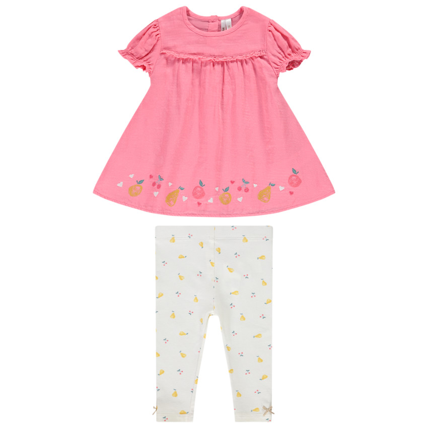 ensemble tunique en double gaze de coton + legging imprimé fruits pour bébé fille - rose