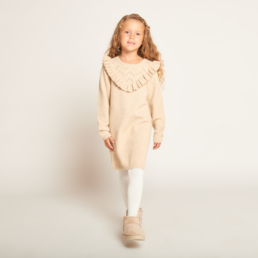 Robe en tricot uni et ajouré avec volants pour fille  