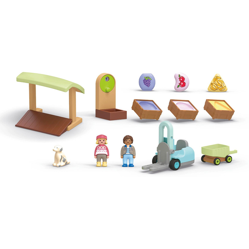 Figurine avec étal de fruit et légumes bio  