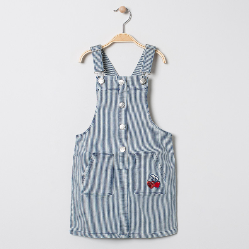 Robe salopette à fines rayures et cerises brodées 
