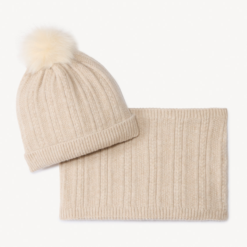 Set 2 pièces bonnet + snood en tricot côte doublée pour fille 