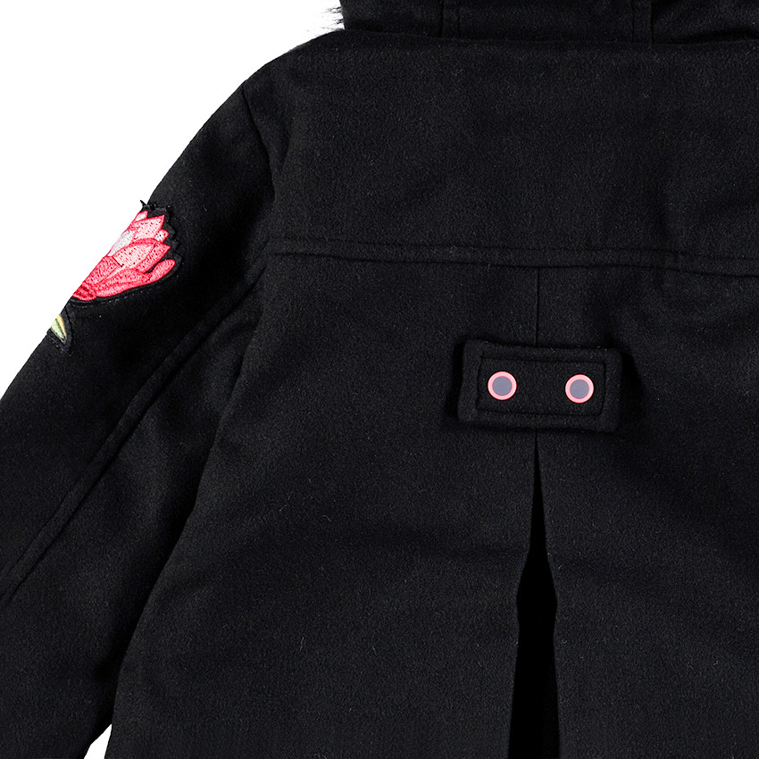 Manteau en drap de laine doublé sherpa avec fausse fourrure et fleurs patchées 