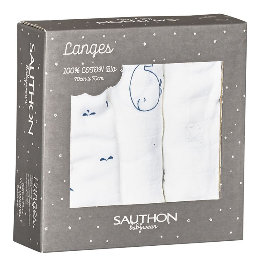 Lot de 3 langes 70x70 cm - Bleu / baleine 