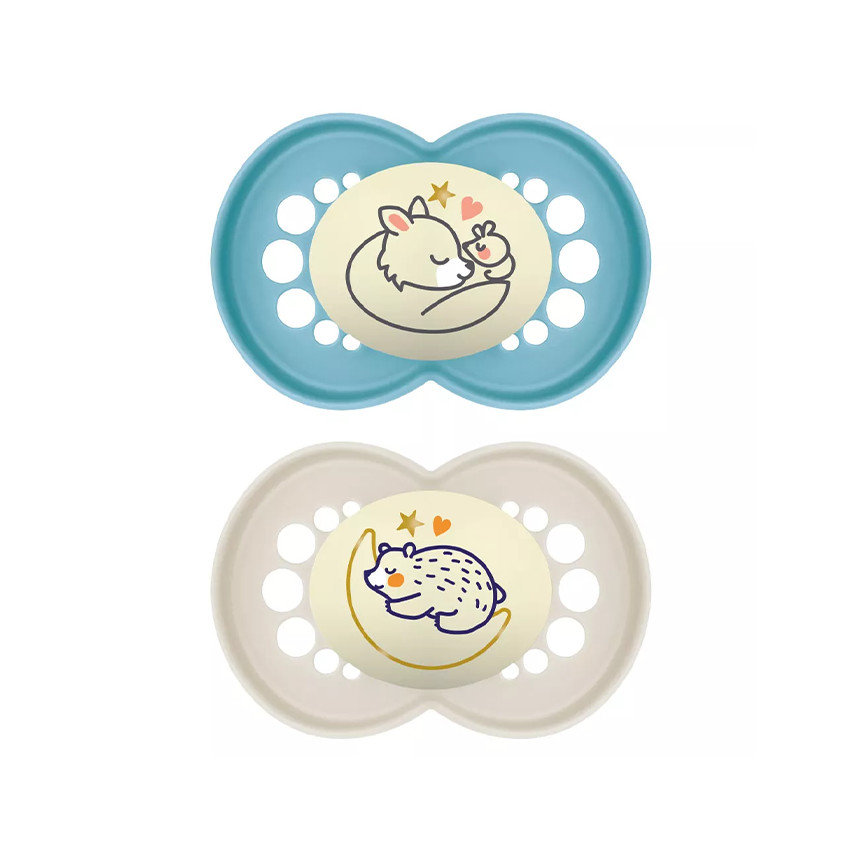 Lot de 2 sucettes silicone Original Nuit 18M+ animaux (modèle aléatoire) 