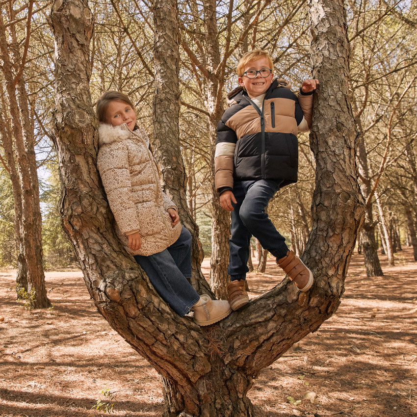 Doudoune longue en toile imprimée et doublure sherpa pour fille  