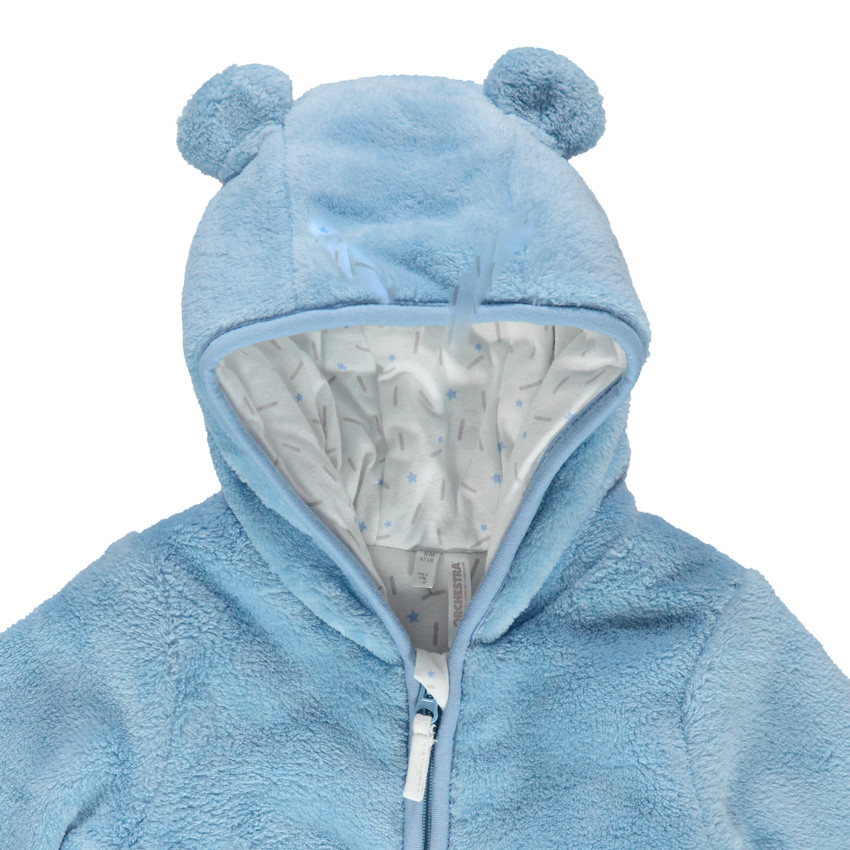 Combi-pilote en sherpa bleue avec capuche à oreilles doublée jersey  