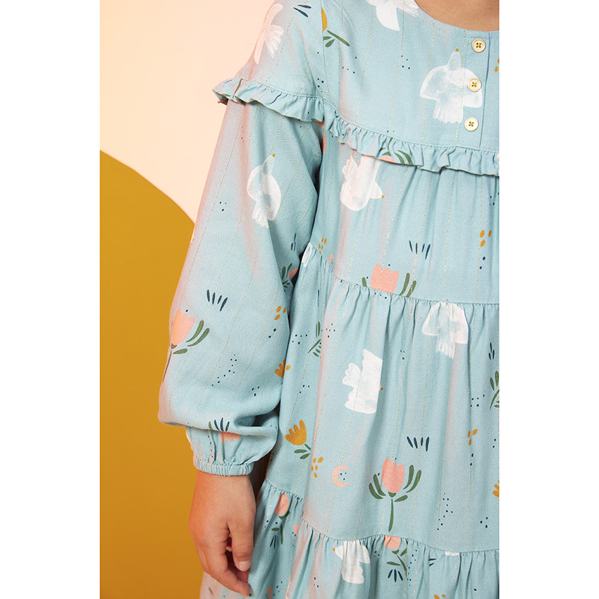 Robe manches longues volantée imprimé fantaisie pour fille 