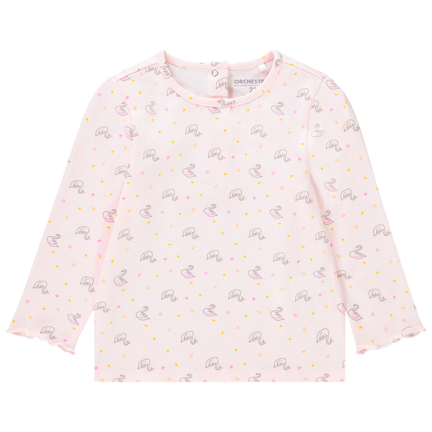 T-shirt manches longues rose imprimé cygnes pour bébé fille
