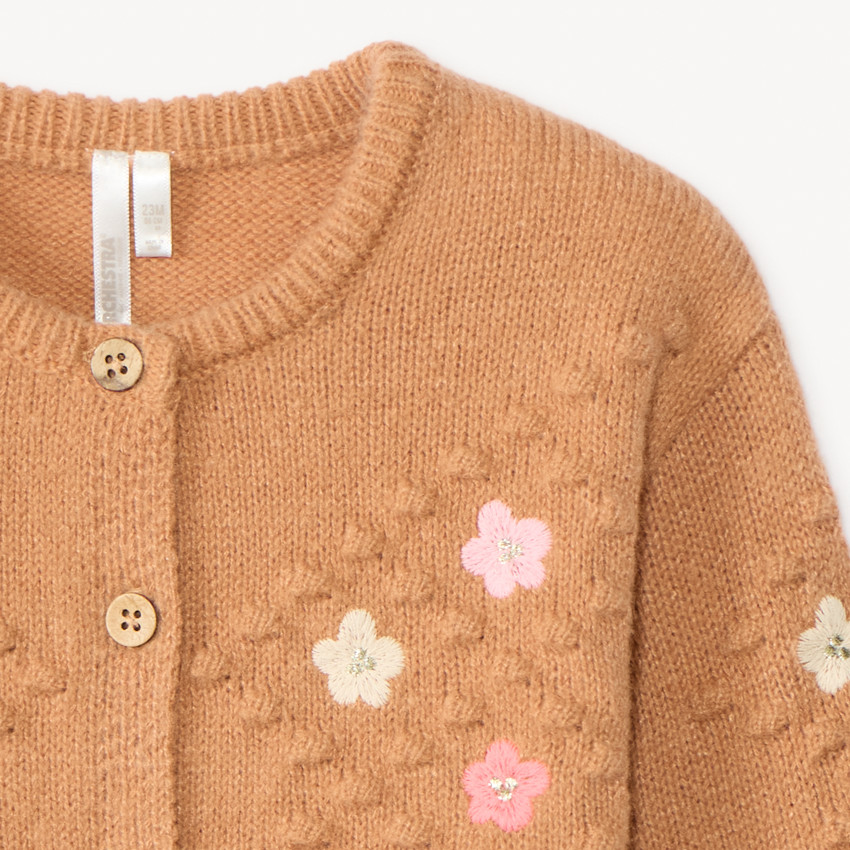 Gilet manches longues en tricot et fleurs brodées pour bébé fille 