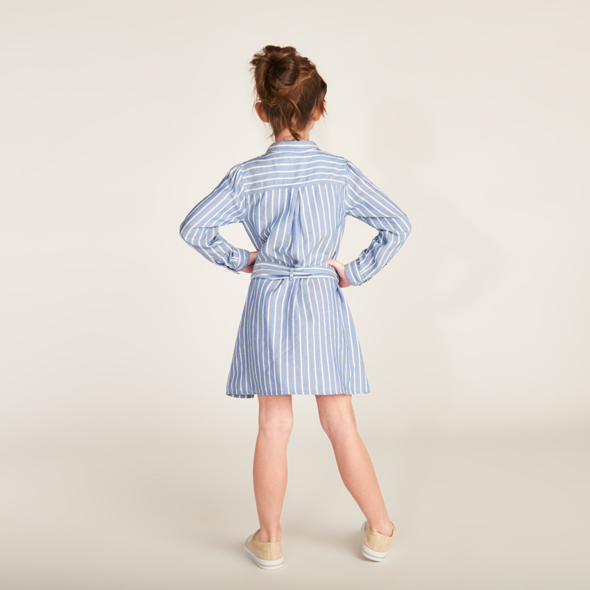 Robe chemise manches longues à rayures avec ceinture pour fille 