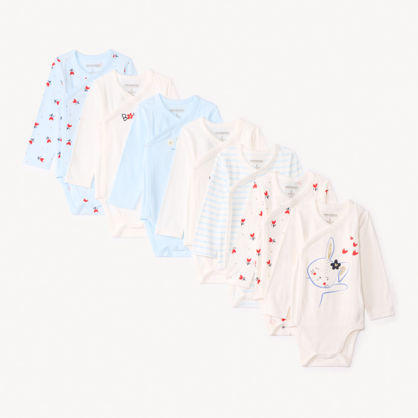 Lot de 7 bodies manches longues fantaisie pour bébé fille avec ouvertures différentes selon l'âge