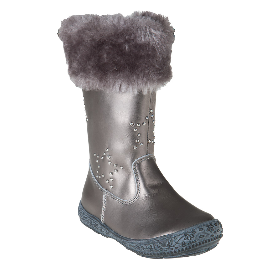 Bottes argentées en cuir avec col fausse fourrure et rivets 