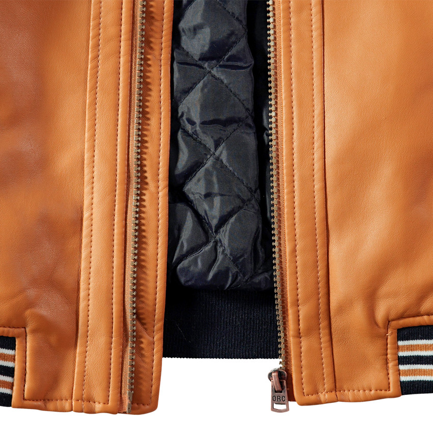 Blouson style motard en simili cuir camel et finitions rayées 