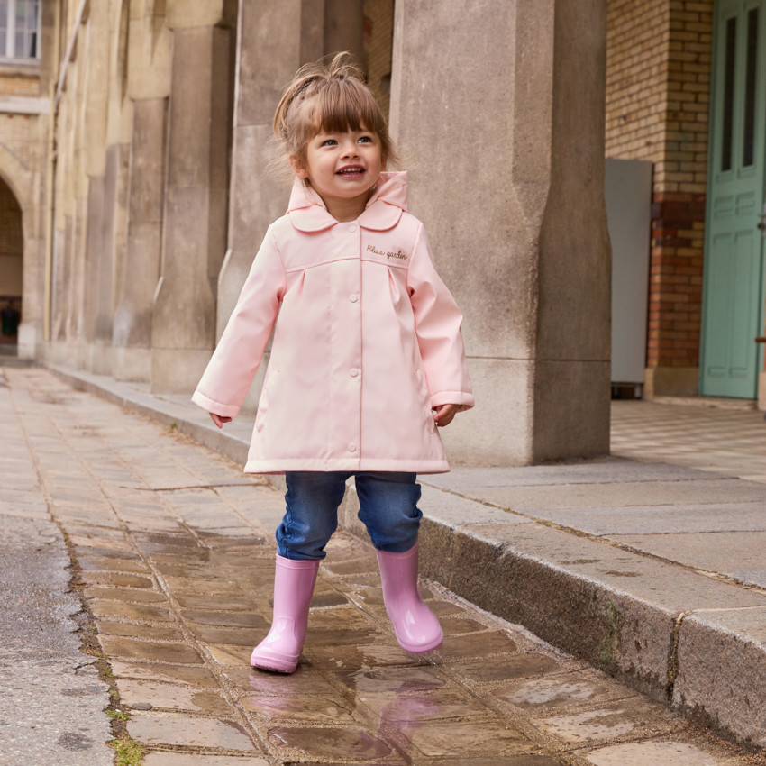 Parka gomme uni rose à capuche amovible pour bébé fille  