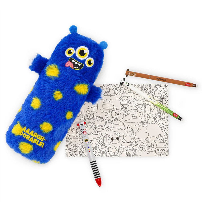 Trousse ronde en peluche Monster bleu 