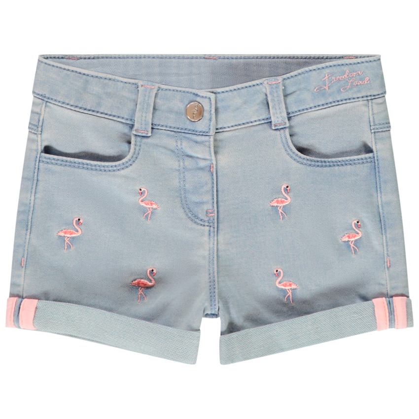Short en jean broderies flamants roses pour bébé fille