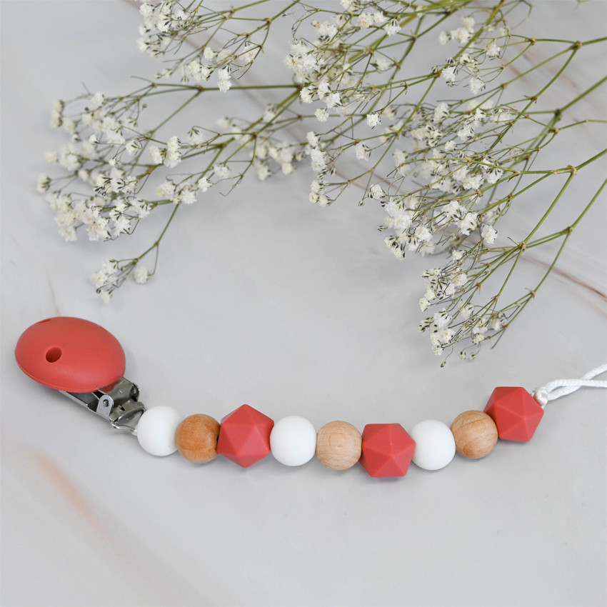 Attache-sucette en silicone et bois Rouille 