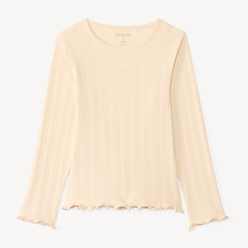 T-shirt manches longues fille maille côtelée broderie cœur 