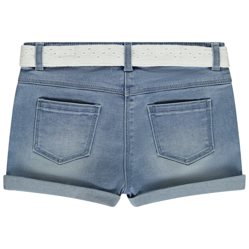Short en jean avec ceinture en broderie anglaise pour fille 