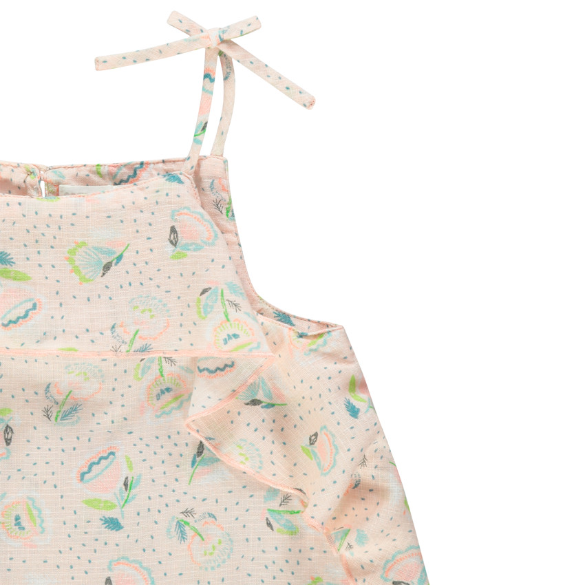 Top volanté en coton et lin à fleurs pintées all-over 
