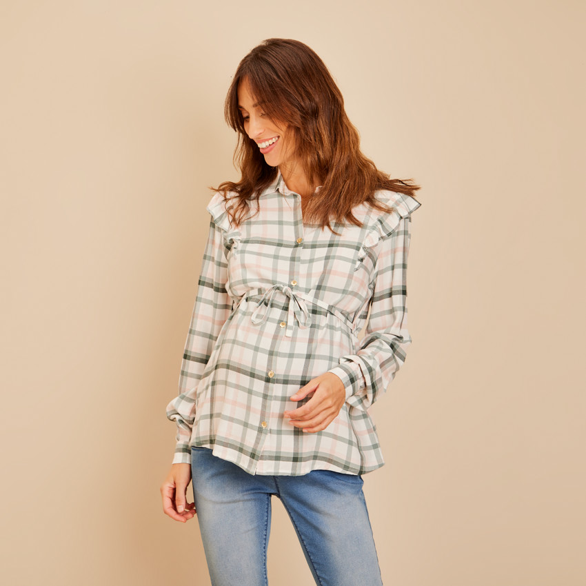 Chemise manches longues à carreaux et ceinturée pour femme