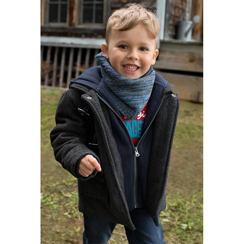 Duffle coat en drap de laine chevrons avec capuche molleton