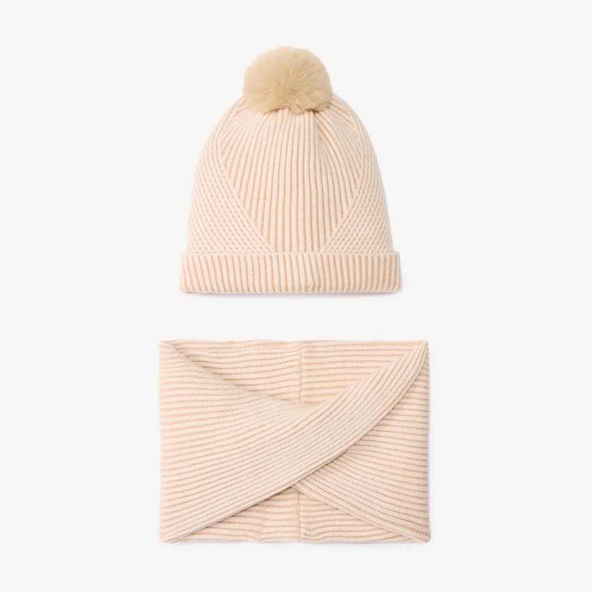 Set bonnet + snood tricot côte assortie doublé sherpa pour fille