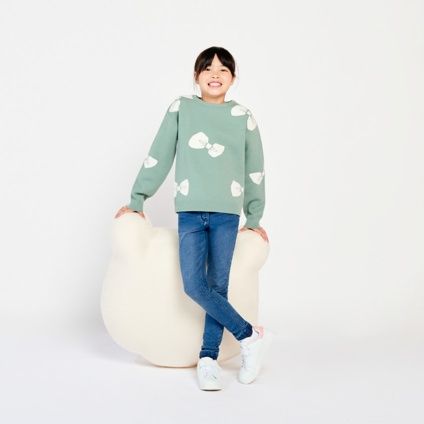 Pull manches longues semi-oversize motif nœud pour fille 