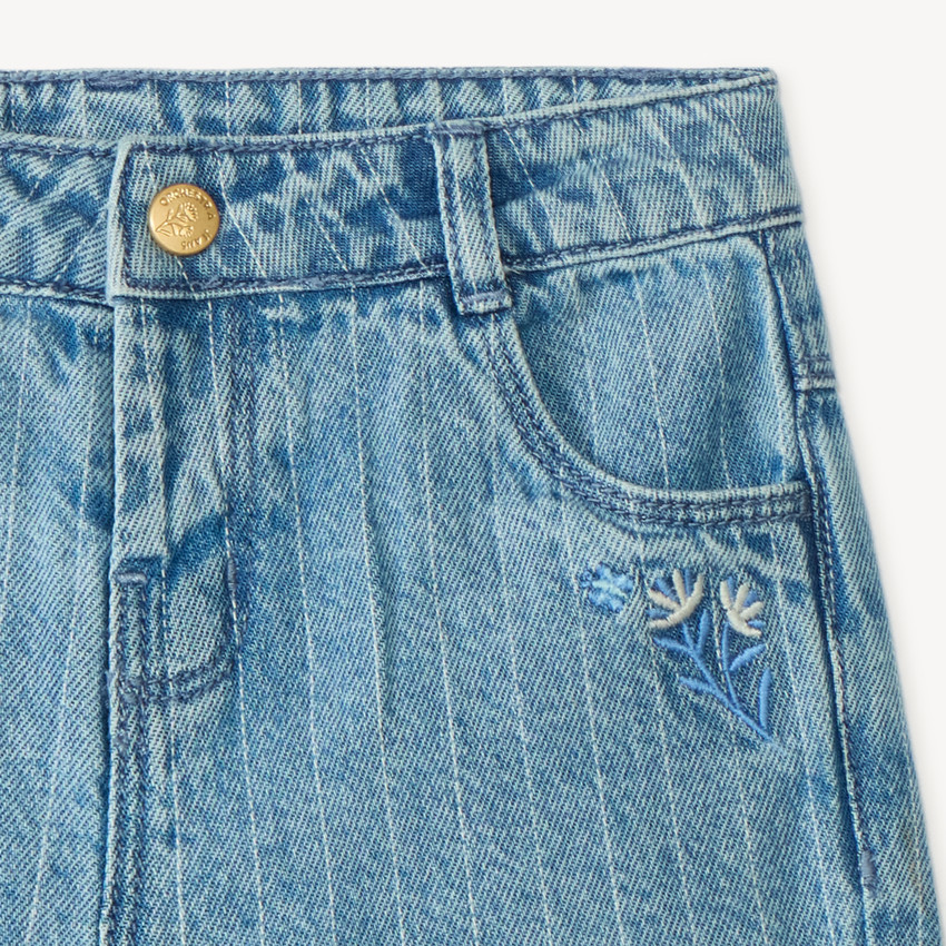 Short en jean à rayures surpiquées et broderie fleurs pour bébé fille 