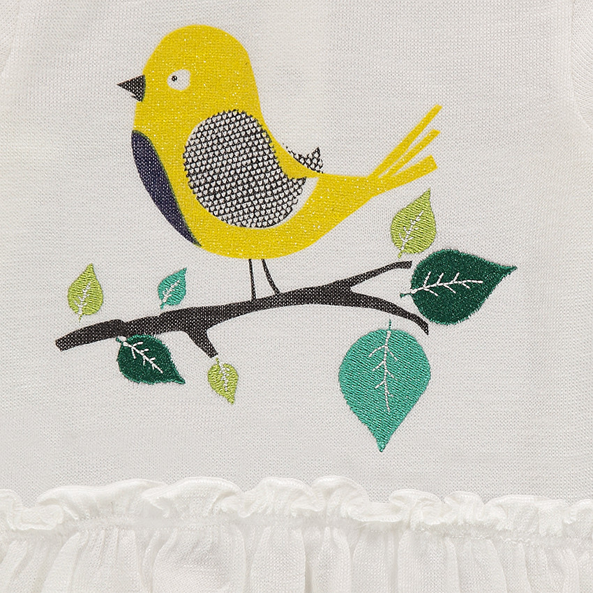 Tee-shirt manches longues volanté avec oiseau printé et feuilles brodées 