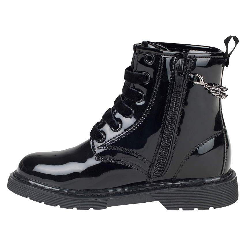 Bottillons noir vernis à lacets, zip et chaine fantaisie 