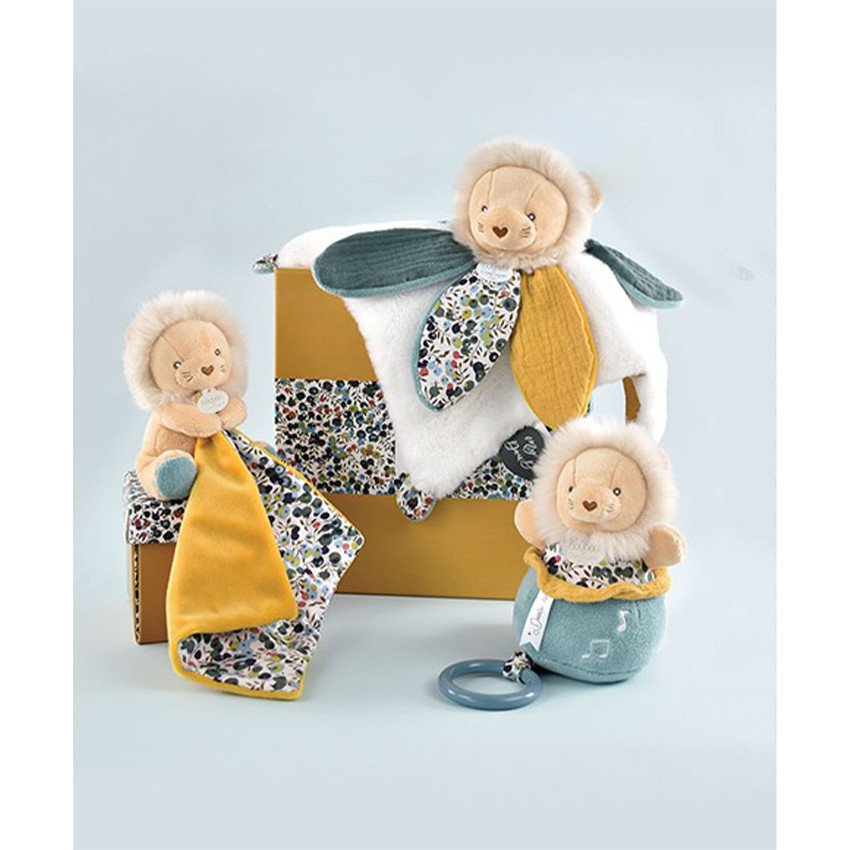 Doudou Boh'aime lion jaune avec mouchoir imprimé 