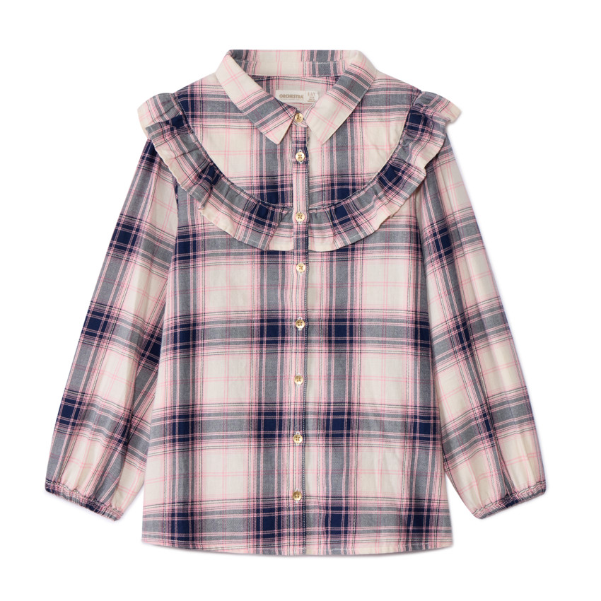 Chemise manches longues en toile à carreaux et volants pour fille