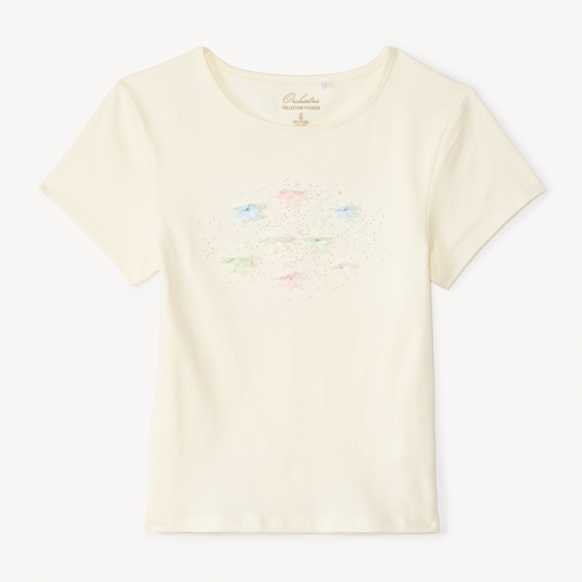 T-shirt manches courtes strass et fleurs 3D pour fille
