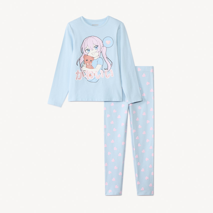 Set pyjama printé manga et imprimé cœurs pour fille