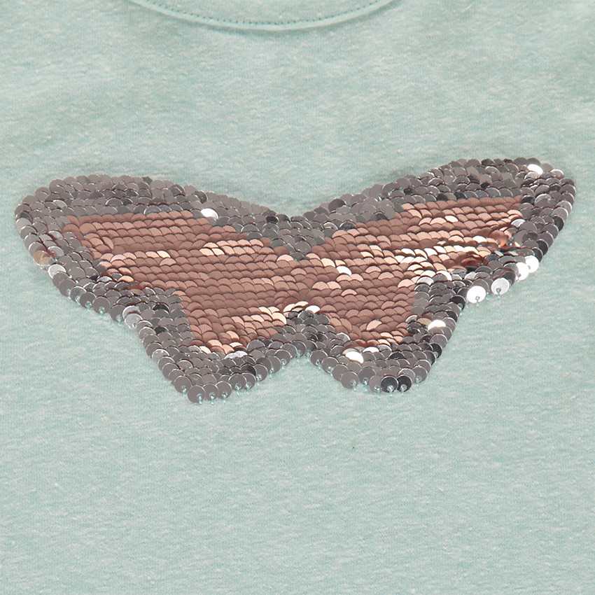 Tee-shirt manches courtes en jersey chiné avec papillon en sequins magiques et volants 