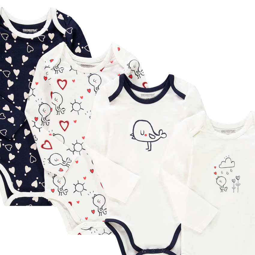 Lot de 7 bodies manches longues en coton print oiseau pour bébé fille 