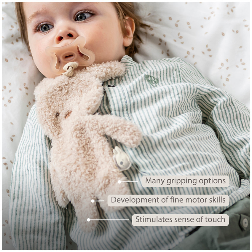 Doudou attache-sucette Lapin Teddy bouclette Beige 