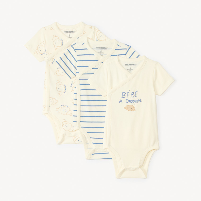 Lot de 3 bodies manches courtes motifs croissants pour bébé garçon (ouvertures différentes selon l'âge) 