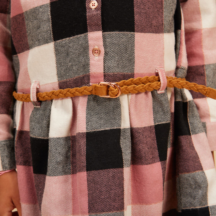Robe chemise à carreaux avec cordon de serrage pour fille 