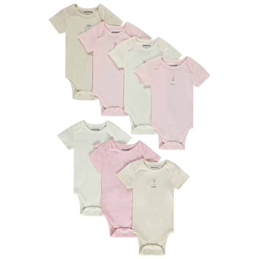 Lot de 7 bodies manches courtes motifs lapins pour bébé fille