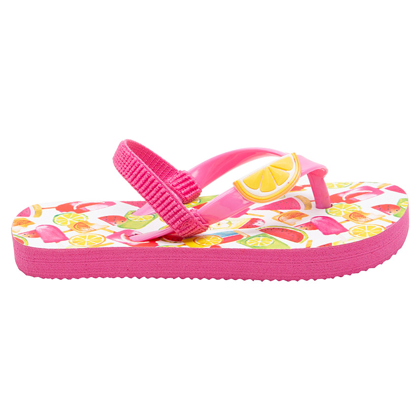 Tongs avec fruits imprimés, tranche de citron plastifiée et lanière au dos 