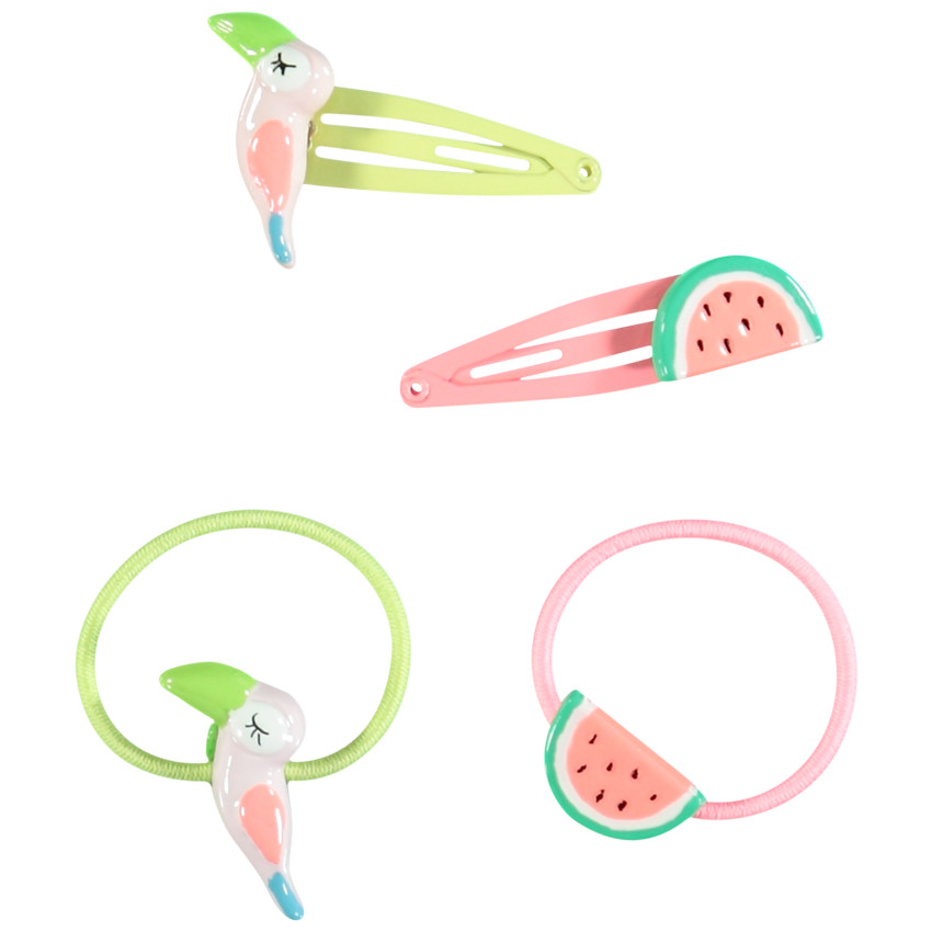 Set de 2 barrettes + 2 élastiques pastèque/toucan pour fille 