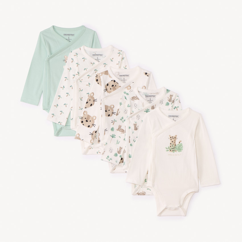 Lot de 5 bodies manches longues Léopard pour bébé garçon avec ouvertures différentes selon l'âge