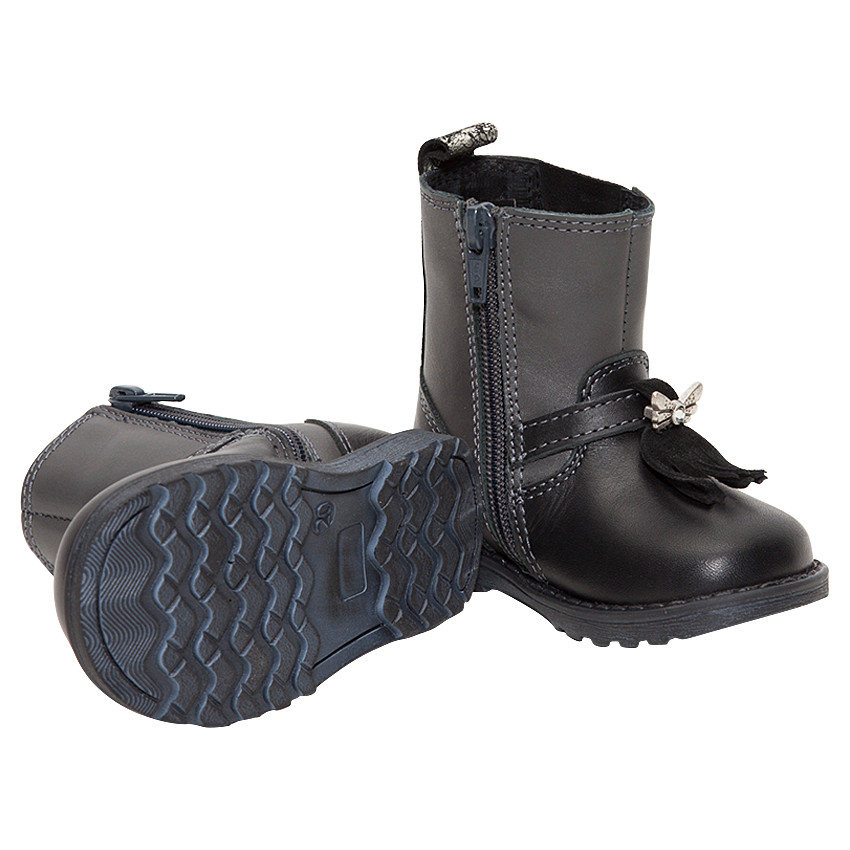 Bottines noires en cuir avec boucle et franges et empiècements fantaisie 